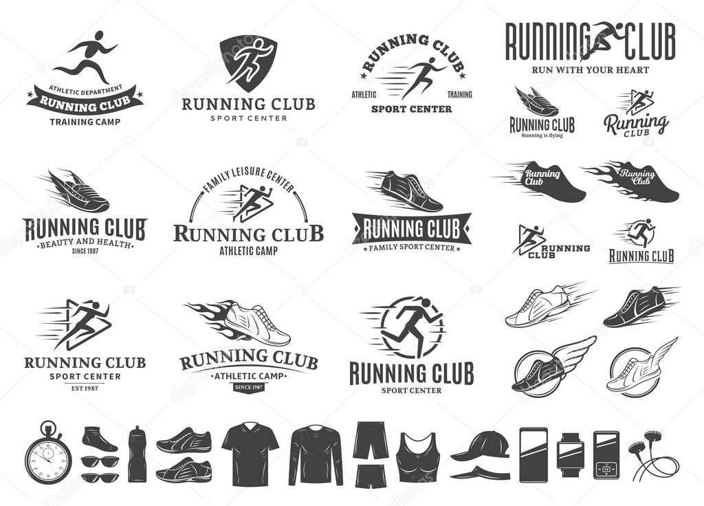 Set of vector running logo, labels and icons for sport organizations, tournaments and marathons.