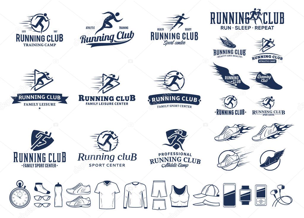 Set of vector running logo, labels and icons for sport organizations, tournaments and marathons.