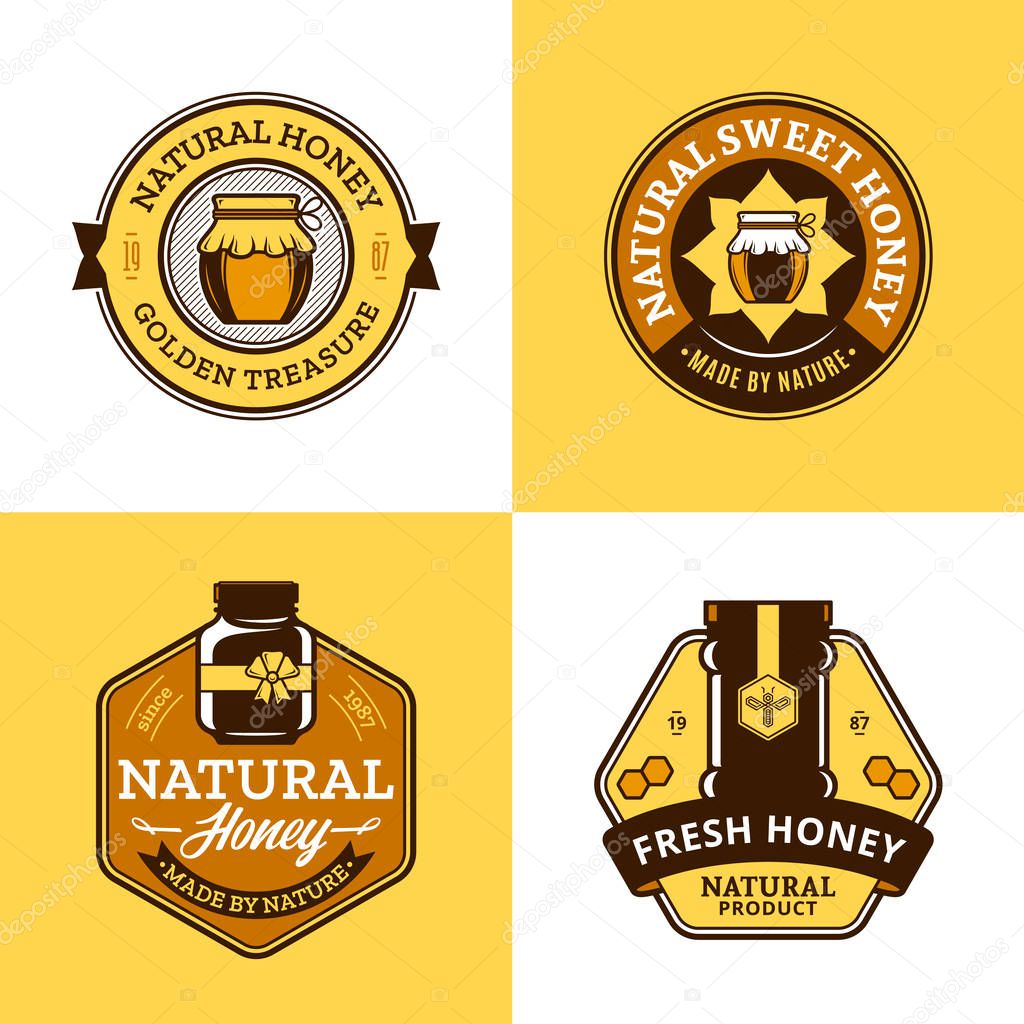 Vector honey logo and jar icons for honey products, apiary and beekeeping branding and identity.