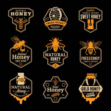 Vektör tatlım logo ve bal ürünleri, arı kovanı ve Arıcılık marka ve kimlik için bir siyah arka plan üzerinde simgeler.