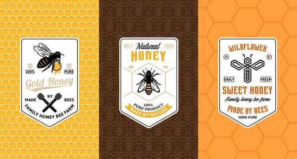 Honung Etiketter Logotyp Och Förpackning Designmallar För Bigården Och Biodling — Stock vektor