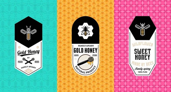 Ετικέτες Μέλι Λογότυπο Και Συσκευασία Πρότυπα Σχεδίασης Για Μελισσοκομικά Και — Διανυσματικό Αρχείο