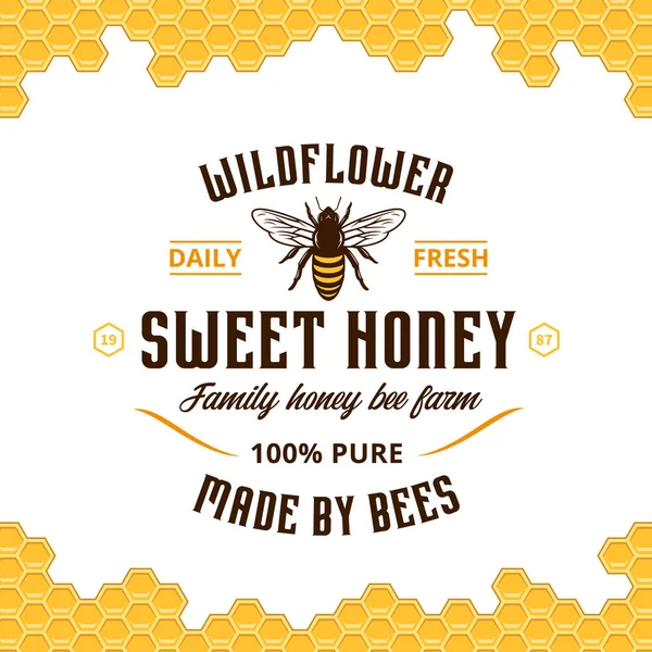 ベクトル背景に蜂とハニカム パターンを持つ蜂蜜ヴィンテージのロゴ 蜂蜜製品 養蜂場 養蜂のブランディングとアイデンティティ — ストックベクタ