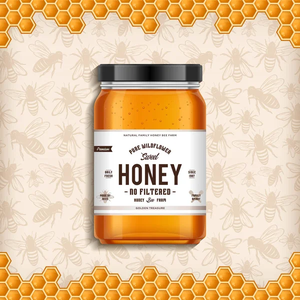 Wildflower Honung Glas Burk Illustration Med Honungsbin Och Honeycomb Bakgrund — Stock vektor