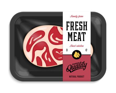 Vektör et paketleme çizim. Siyah köpük plastik film mockup et tepsiye. Modern tarzda kasaplık etiket. Çiftlik hayvanları kutsal kişilerin resmi.