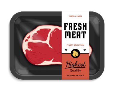 Vektör et paketleme çizim. Siyah köpük plastik film mockup et tepsiye. Modern tarzda kasaplık etiket. Çiftlik hayvanları kutsal kişilerin resmi.