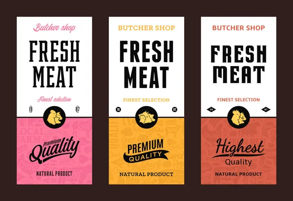 肉屋のベクトルのロゴ 新鮮な牛肉 鶏肉のモダンなスタイルのラベル ファーム動物アイコン 肉屋店のパターンやデザインの要素 — ストックベクタ