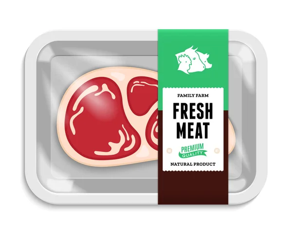 Vektorfleisch Verpackung Illustration Weiße Fleischschale Aus Schaumstoff Mit Plastikfolien Attrappe — Stockvektor