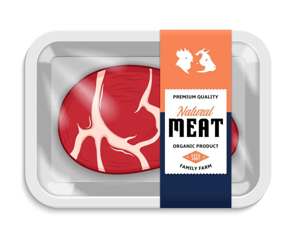 Ilustrasi Kemasan Daging Vektor Baki Daging Busa Putih Dengan Mockup - Stok Vektor