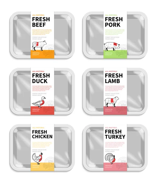 矢量肉类包装 屠宰标签 白色泡沫肉托盘与塑料薄膜的版面编排 鸭和火鸡的切割图 — 图库矢量图片