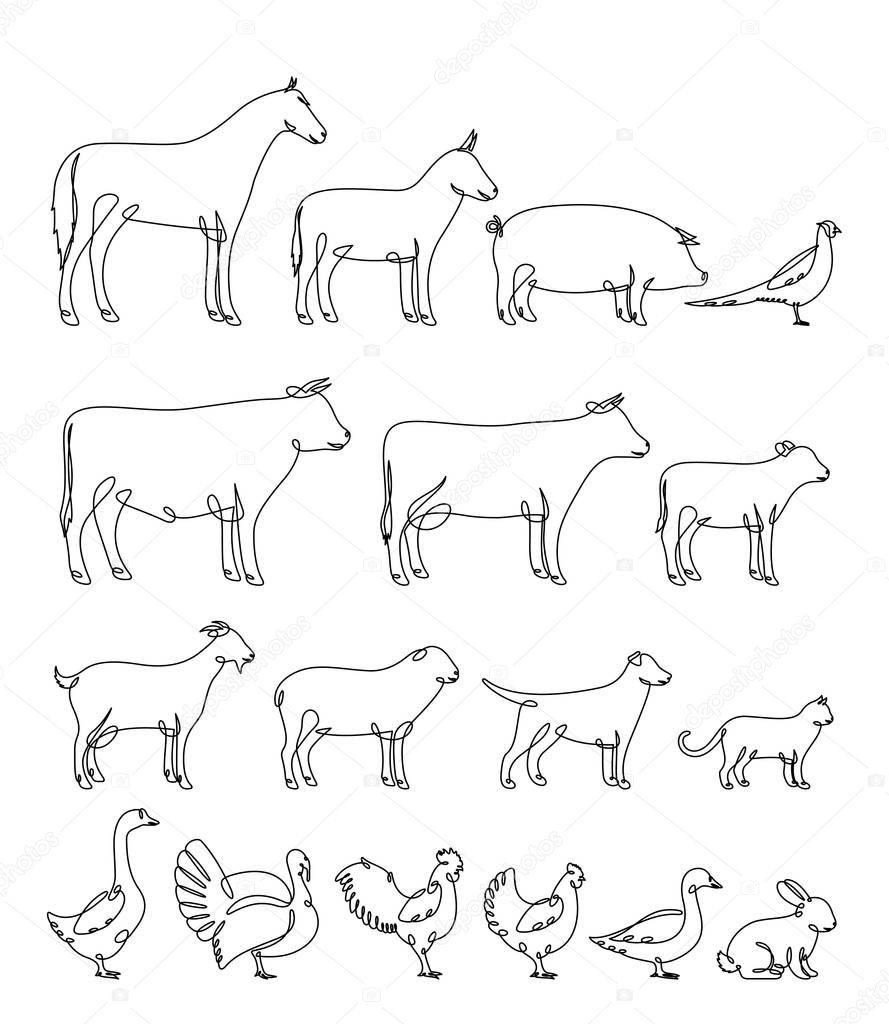 Vector continuous line farm animals silhouettes isolated on white. Livestock and poultry icons for farms, groceries, butchery, dairy products packaging and branding.