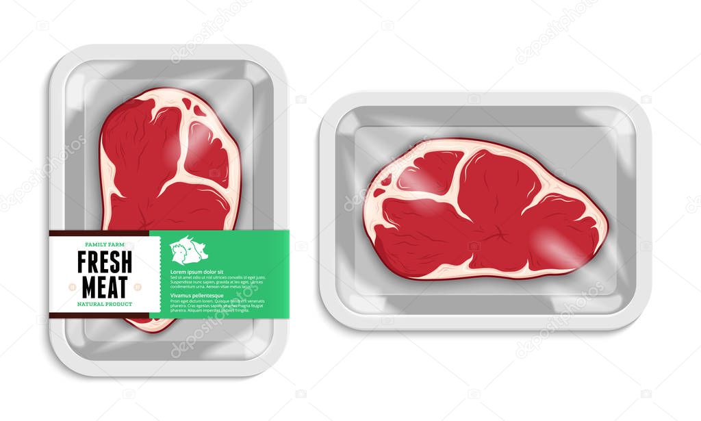 Vector meat packaging illustration. White foam meat tray with plastic film mockup. Modern style butchery label.   Farm animals icons.
