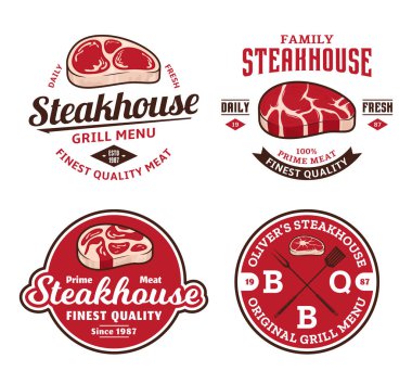 Et lokantası veya et deposu logosu ve Etiketler. Barbekü veya ızgara bar, bistro, Restoran için Vintage Amblemler. Sulu biftek biftek simgeler.