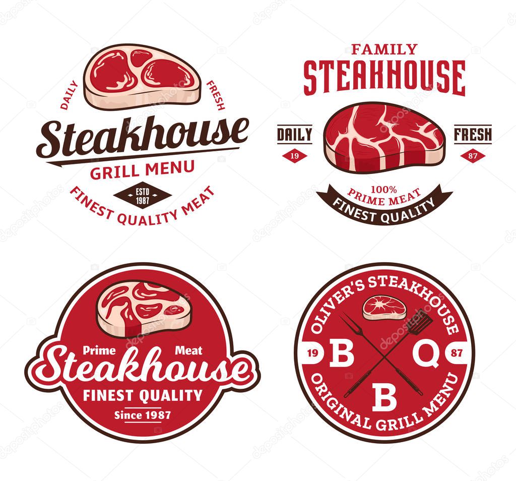 Steakhouse or meat store logo and labels. Vintage emblems for barbecue or grill bar, bistro, restaurant. Juicy beef steak icons.