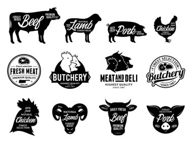 Vektör kasaplık logo kümesi. Çiftlik hayvanları siluetleri ve simgeler koleksiyonu yiyecek, et mağazaları, kasap dükkanları, paketleme ve reklam için.