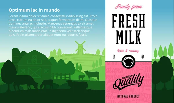 向量牛奶例证与农村景观 小牛和农场 现代风格的牛奶标签 乳品农场图标和设计元素 — 图库矢量图片