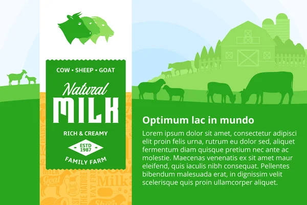 Vectorillustratie Melk Met Rurale Landschap Koeien Kalveren Goast Sheeps Boerderij — Stockvector