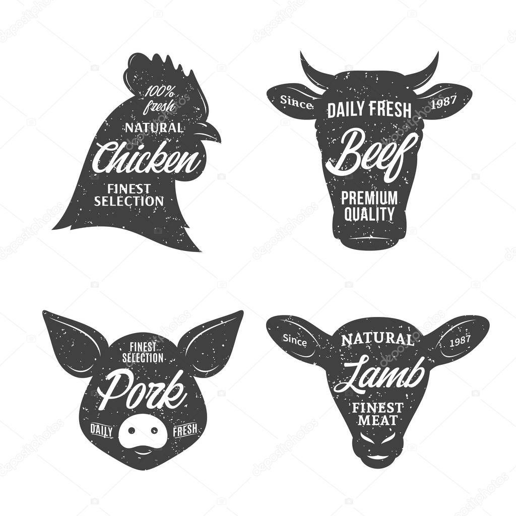 Retro styled butchery logo templates. Farm animal icons for groceries, meat stores, butcher's shops, packaging and advertising.