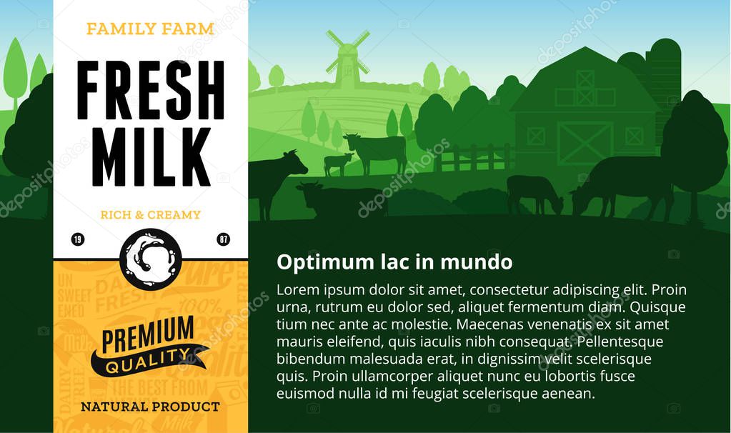 Vector milk illustration with rural landscape, cows, calves and farm. Modern style milk label. Dairy farm icons and design elements.
