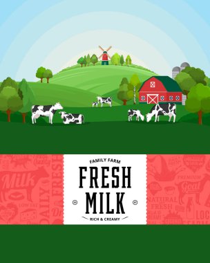 Vektör süt illüstrasyon kırsal manzara, inek, buzağı ve çiftlik ile. Modern tarzda süt etiket. Mandıra simgeler ve tasarım öğeleri.