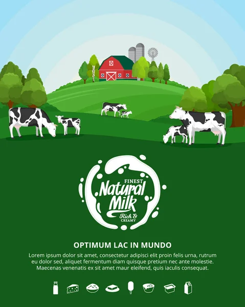 Ilustración Leche Vectorial Con Salpicadura Leche Paisaje Rural Verano Con — Archivo Imágenes Vectoriales