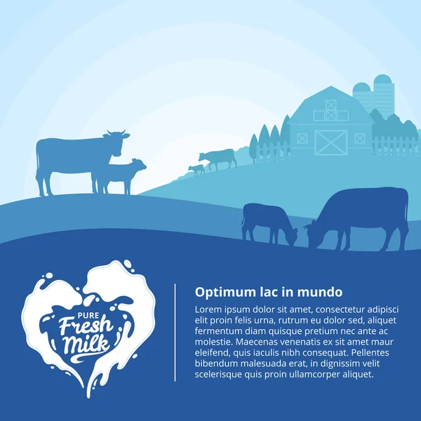 Vectorillustratie Melk Met Melk Splash Rurale Landschap Met Koeien Kalveren — Stockvector
