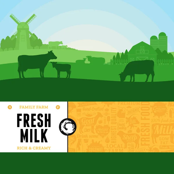 Векторная Иллюстрация Молока Сельским Пейзажем Коровами Телятами Фермой Современный Стиль — стоковый вектор