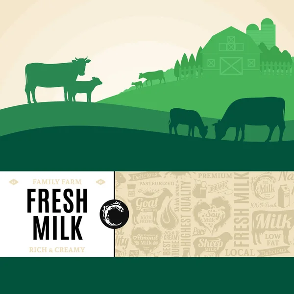 Illustrazione Del Latte Vettoriale Con Paesaggio Rurale Mucche Vitelli Fattoria — Vettoriale Stock