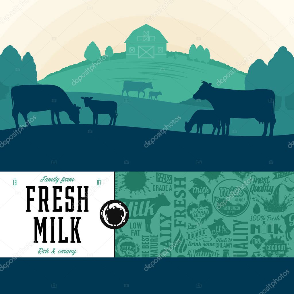 Vector milk illustration with rural landscape, cows, calves and farm. Modern style milk label. Dairy farm icons and design elements.
