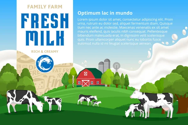 病媒牛奶例证与农村风景 小牛和农场 逼真的牛奶飞溅在背景上 现代风格的标签 奶牛场图标和设计元素 — 图库矢量图片