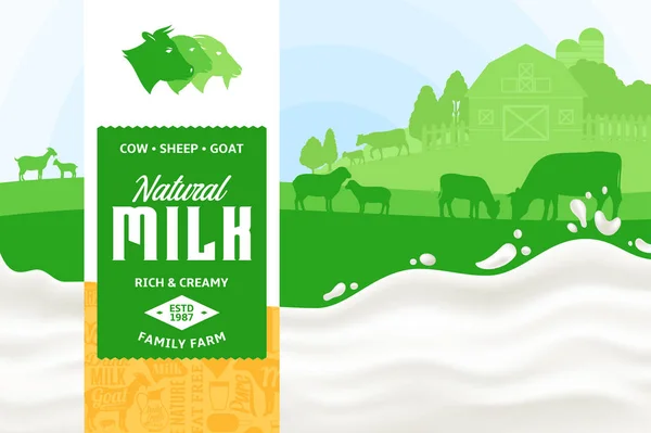 Ilustrasi Susu Vektor Dengan Lanskap Pedesaan Sapi Anak Sapi Kambing - Stok Vektor