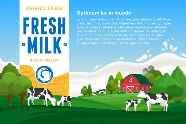 Vector Milk Illustration Rural Landscape Cows Calves Farm Realistic Milk — Stock Vector
