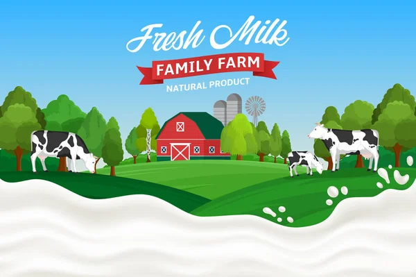 Векторная Иллюстрация Молока Брызгами Молока Сельский Пейзаж Коровами Телятами Фермой — стоковый вектор