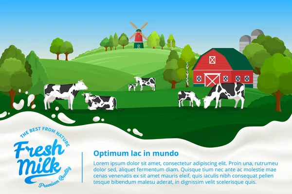 Ilustración Leche Vectorial Con Salpicaduras Leche Paisaje Rural Con Vacas — Archivo Imágenes Vectoriales