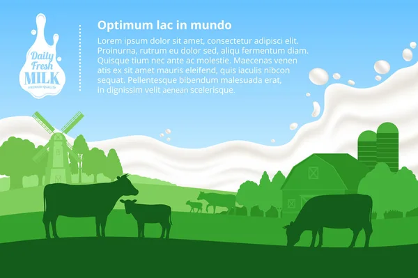 Ilustración Leche Vectorial Con Salpicaduras Leche Sobre Fondo Paisaje Rural — Archivo Imágenes Vectoriales