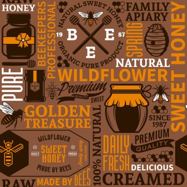 Tatlım seamless modeli, logo ve tasarım öğeleri için arı kovanı ve Arıcılık ürünleri paketleme, marka ve kimlik. Vektör tatlım simgeler, arılar ve kavanozlar.