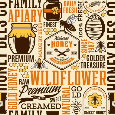 Tatlım seamless modeli, logo ve tasarım öğeleri için arı kovanı ve Arıcılık ürünleri paketleme, marka ve kimlik. Vektör tatlım simgeler, arılar ve kavanozlar.