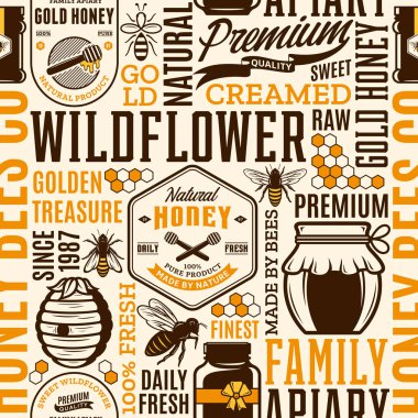 Tatlım seamless modeli, logo ve tasarım öğeleri için arı kovanı ve Arıcılık ürünleri paketleme, marka ve kimlik. Vektör tatlım simgeler, arılar ve kavanozlar.