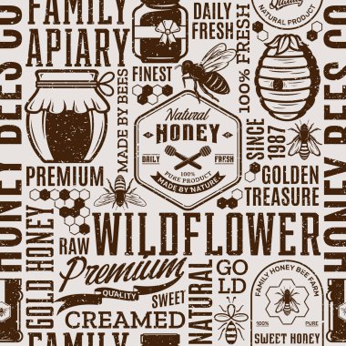 Retro tatlım seamless modeli, logo ve tasarım öğeleri için arı kovanı ve Arıcılık ürünleri paketleme, marka ve kimlik tarz. Vektör tatlım simgeler, arılar ve kavanozlar.