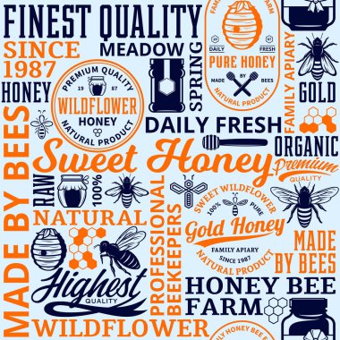 Tatlım seamless modeli, logo ve tasarım öğeleri için arı kovanı ve Arıcılık ürünleri paketleme, marka ve kimlik. Vektör tatlım simgeler, arılar ve kavanozlar.