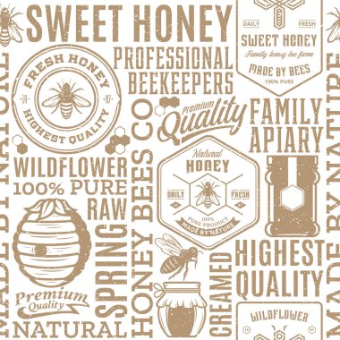 Retro tatlım seamless modeli, logo ve tasarım öğeleri için arı kovanı ve Arıcılık ürünleri paketleme, marka ve kimlik tarz. Vektör tatlım simgeler, arılar ve kavanozlar.