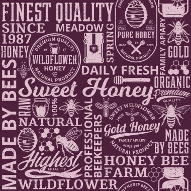 Retro tatlım seamless modeli, logo ve tasarım öğeleri için arı kovanı ve Arıcılık ürünleri paketleme, marka ve kimlik tarz. Vektör tatlım simgeler, arılar ve kavanozlar.