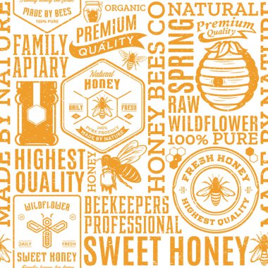 Retro tatlım seamless modeli, logo ve tasarım öğeleri için arı kovanı ve Arıcılık ürünleri paketleme, marka ve kimlik tarz. Vektör tatlım simgeler, arılar ve kavanozlar.