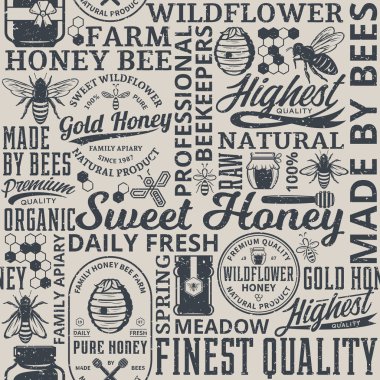 Retro tatlım seamless modeli, logo ve tasarım öğeleri için arı kovanı ve Arıcılık ürünleri paketleme, marka ve kimlik tarz. Vektör tatlım simgeler, arılar ve kavanozlar.