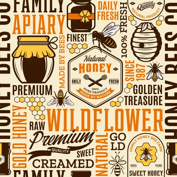 Tatlım seamless modeli, logo ve tasarım öğeleri için arı kovanı ve Arıcılık ürünleri paketleme, marka ve kimlik. Vektör tatlım simgeler, arılar ve kavanozlar.