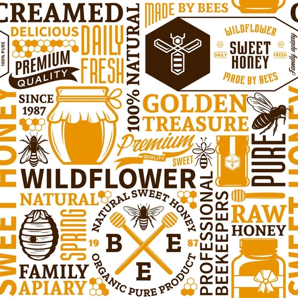 Tatlım seamless modeli, logo ve tasarım öğeleri için arı kovanı ve Arıcılık ürünleri paketleme, marka ve kimlik. Vektör tatlım simgeler, arılar ve kavanozlar.