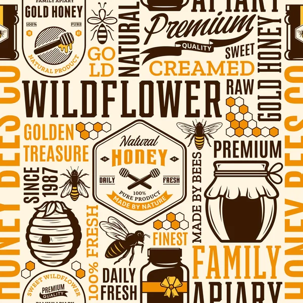 Медовий Безшовний Візерунок Логотип Елементи Дизайну Упаковки Пасіки Бджільництва Брендингу — стоковий вектор