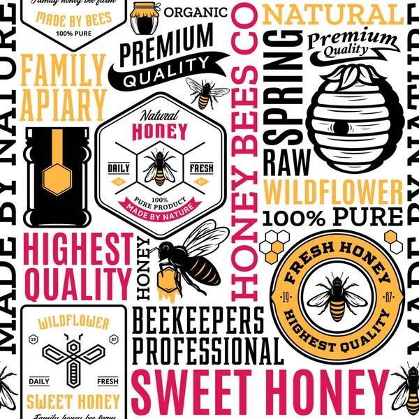Медовий Безшовний Візерунок Логотип Елементи Дизайну Упаковки Пасіки Бджільництва Брендингу — стоковий вектор