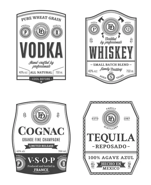 Bebidas Alcohólicas Etiquetas Vintage Plantillas Diseño Envases Etiquetas Vodka Whisky — Vector de stock