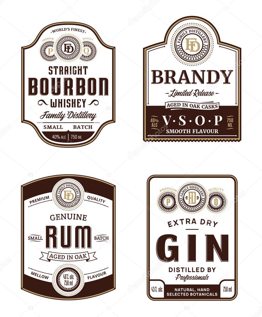 Alcoholic drinks vintage labels and packaging design templates. Bourbon, brandy, rum and gin labels. Distilling business branding and identity design elements.